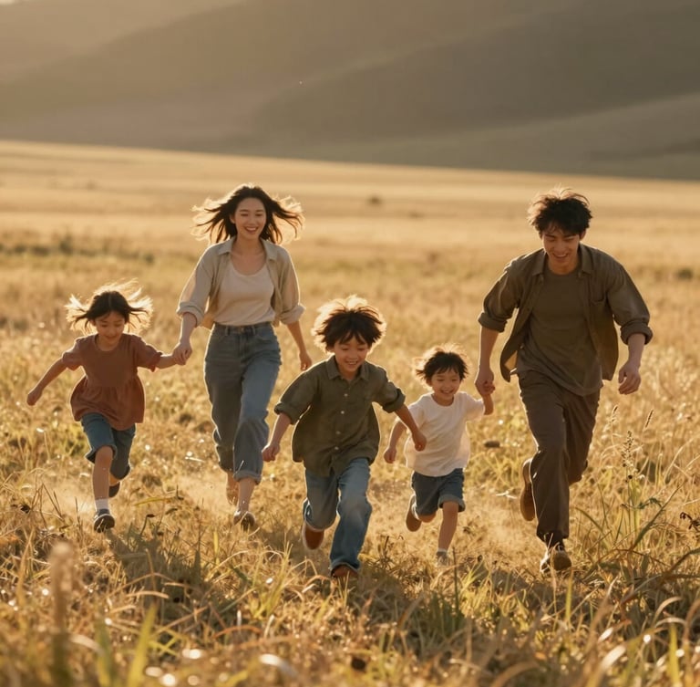 Cinematic wide shot of a young family running through a golden wild grass field, wind-blown hair, warm low-angle backlighting, natural sun flare, candid joy.