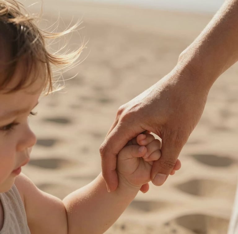 A close-up macro shot of a mother holding her toddler's hand, warm low-angle sunlight highlighting wind-blown hair, soft sand textures in the background.
