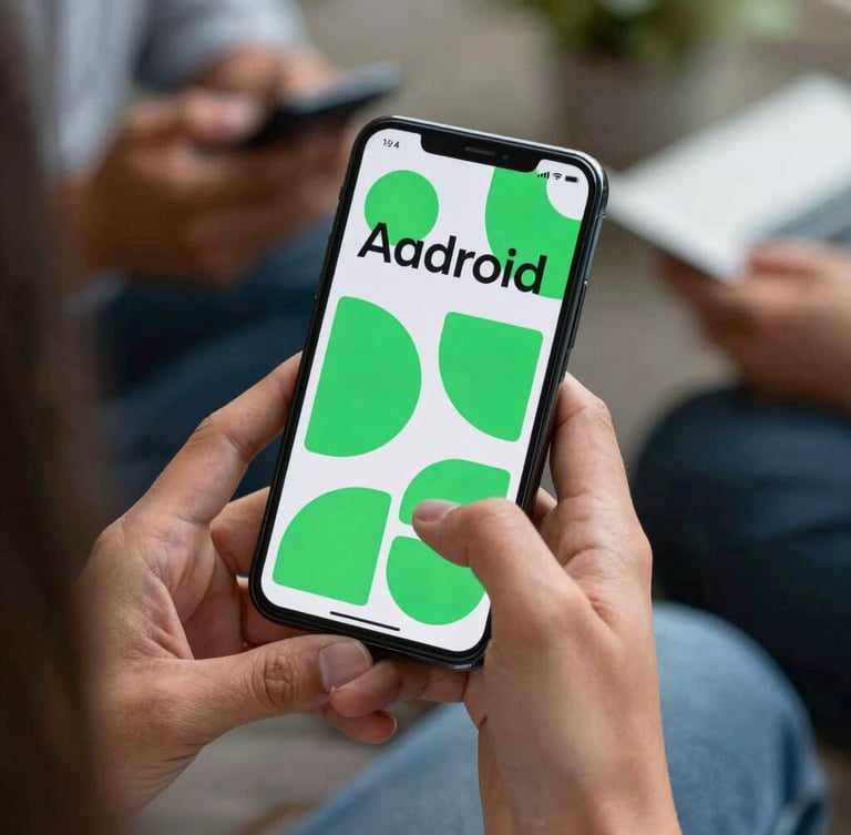 Close-up of diverse hands holding a modern Android smartphone displaying a vibrant educational interface with bold green shapes and clear typography, natural daylight.