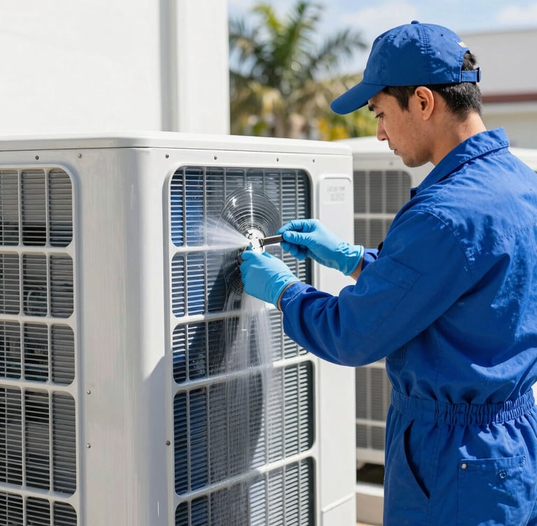 A professional technician in a clean blue uniform applying a protective coating to an outdoor HVAC condenser unit, bright natural Florida daylight, 35mm