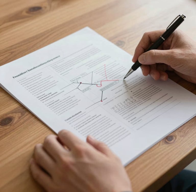 Close-up of hands reviewing a heavily annotated strategy document on a warm wooden table, soft natural side light.