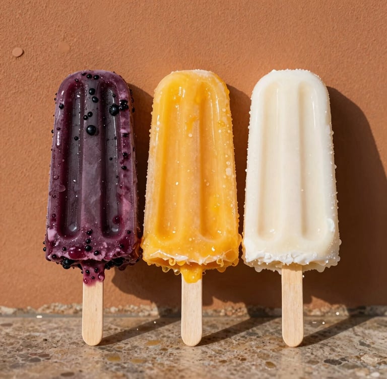 Close-up of three colourful ice pops—one deep purple blackberry, one golden mango, one creamy white coconut—resting side-by-side on a stone counter, glistening with condensation under warm sunlight.