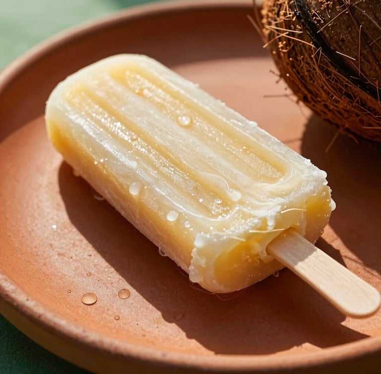 Macro shot of a premium coconut and dulce de leche ice pop resting on a terracotta plate, bright golden-hour sunlight casting deep warm shadows, condensation droplets visible on the creamy texture.