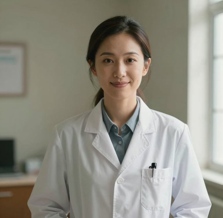 A professional female doctor in a warm clinical setting, smiling gently, soft natural window light, muted sage background, medium portrait shot