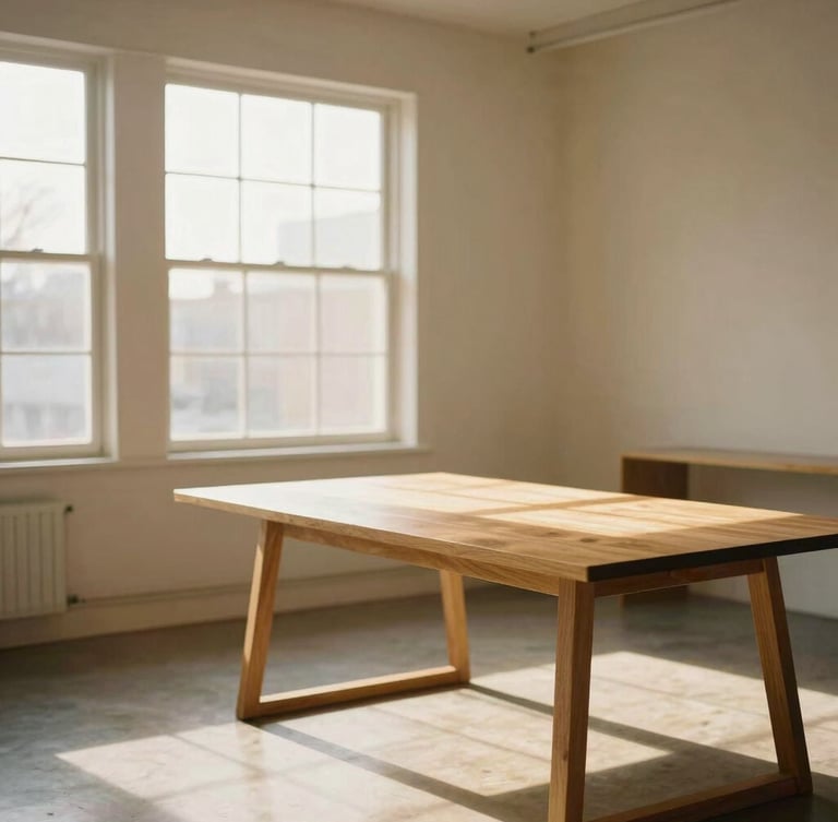 Airy, sun-drenched creative studio interior in Farmington with warm golden window shadows, empty oak table, minimalist layout
