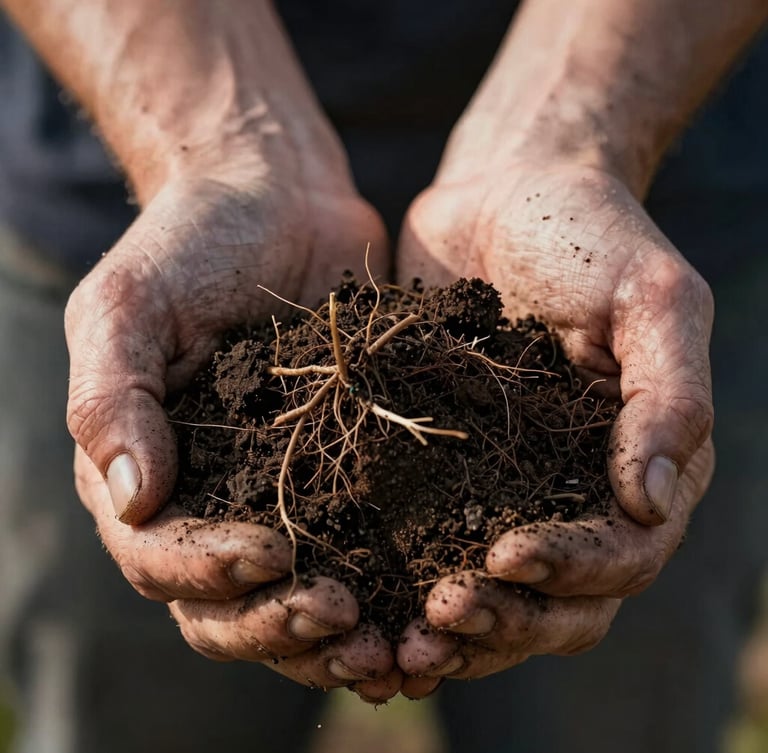 Close-up of weathered hands holding a clump of dark, rich high-plains soil with visible root structures, cold morning light, sharp detail.