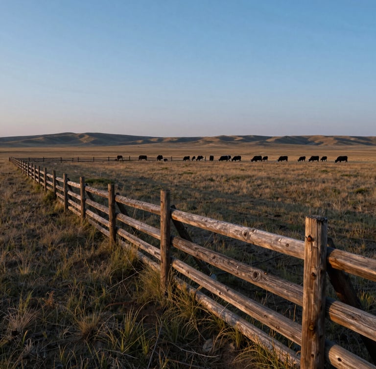 Wide panoramic view of the Wyoming high plains at early morning blue hour. Weathered timber fence lines run along the left third, leading toward a distant herd of cattle grazing on shortgrass prairie under a cold, clear sky.
