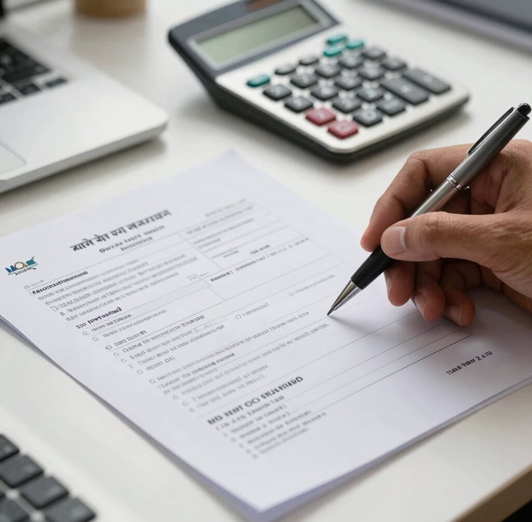 Close-up of physical Indian tax documents, a modern calculator, and a hand holding a sleek pen on a clean, organized office desk under natural daylight.