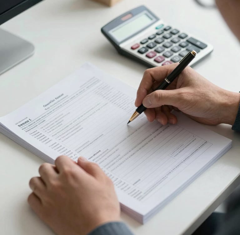 Close-up shot of professional hands reviewing physical tax ledgers on a clean desk with a calculator, bright natural office lighting.