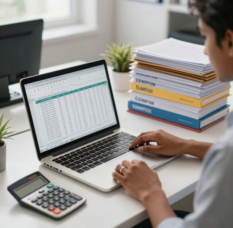 A modern, bright Indian accounting office desk with a clean laptop displaying spreadsheet data, a calculator, and organized compliance folders.