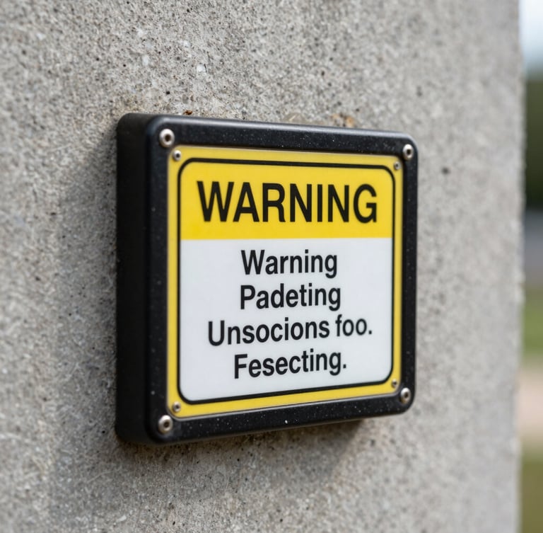 Macro close-up of a technical bait station placed discreetly against a concrete wall, clinical daylight, sharp focus on the warning label.