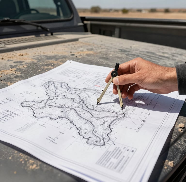 Extreme close-up of technical blueprints and topographic maps spread across a dusty truck hood, a surveyor's hand holding a compass, bright harsh Texas sunlight casting strong shadows.
