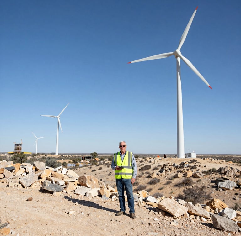 Wide-angle environmental portrait of a senior consultant in high-visibility vest standing on a dry Texas limestone ridge, active wind turbine construction in the far background under harsh, bright midday sun.