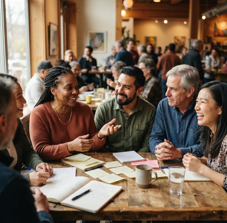 Warm editorial photography of diverse community leaders in active, collaborative discussion, natural daylight, rich organic tones, candid human interaction, shallow depth of field, 35mm lens, subject slightly to the left.