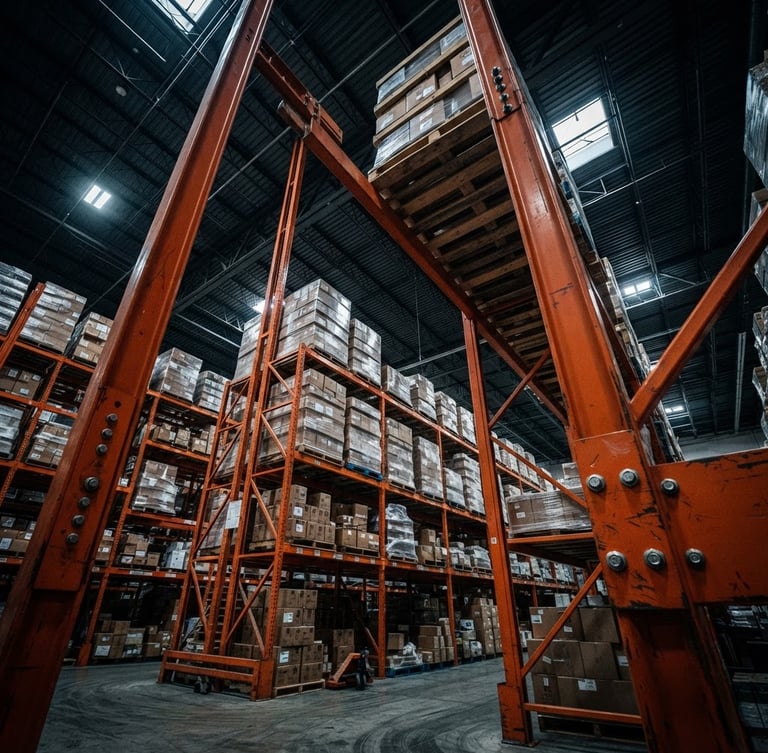 Low-angle shot looking up at a massive, fully loaded industrial warehouse racking bay, heavy-duty orange steel beams, structural bolts, cool high-contrast warehouse lighting.