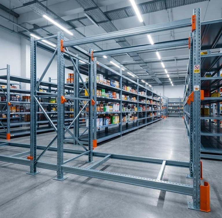 Low-angle sharp industrial photography of clean, bright commercial showroom displaying modular steel supermarket racking, high-contrast overhead lighting