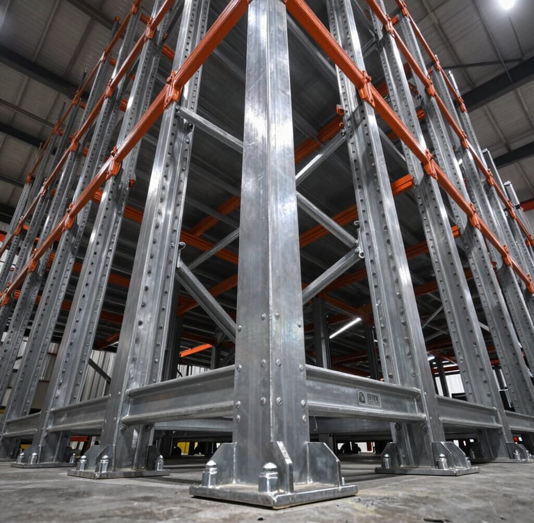 Low-angle shot looking up at massive industrial racking uprights, sharp focus on heavy-duty steel welds and bolted baseplates, high-contrast warehouse lighting, cool steel tones.