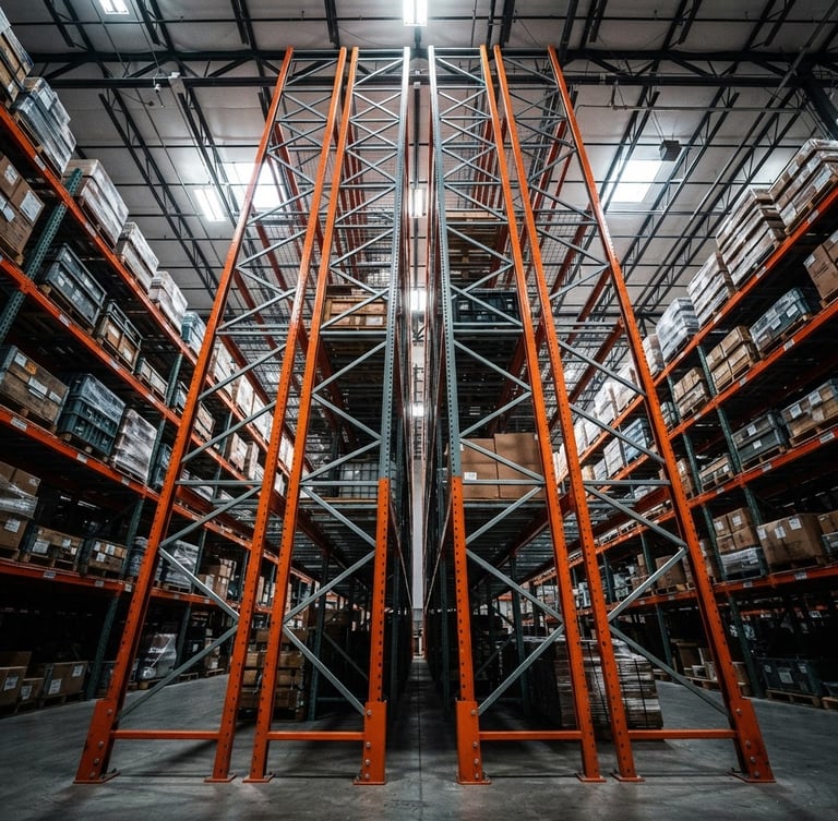 Low-angle shot looking up at a massive structural steel warehouse racking system, cool steel tones, high-contrast industrial lighting, safety orange upright beams.