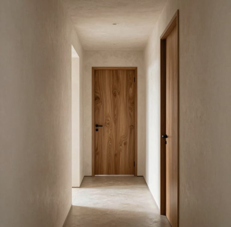Vertical portrait of a modern corridor, straight-on perspective, raw plaster walls, custom walnut doors, soft natural light from the end of the hallway, architectural photography
