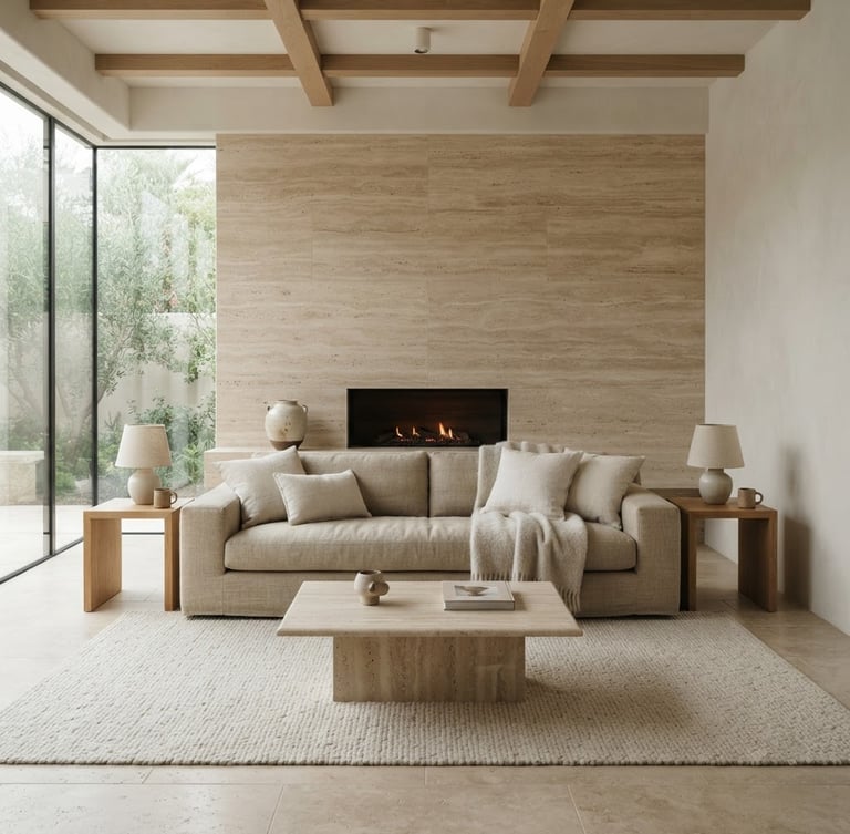 Straight-on architectural photograph of a minimalist living room bathed in soft morning light, travertine stone details, natural linen fabrics, neutral earth tones, 35mm lens