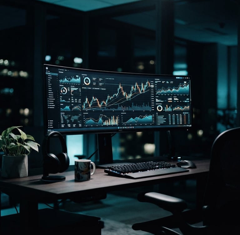 Sleek modern tech setup with clean financial dashboards on a monitor, dramatic high-contrast studio lighting, cool-toned ambient light, 35mm photography