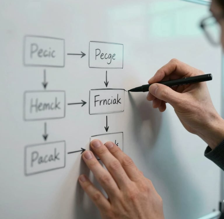 Close-up of hands sketching a clean workflow diagram on a physical whiteboard, sharp focus, cool studio lighting with subtle teal backlight