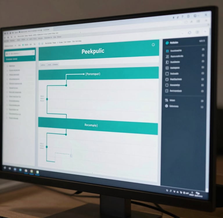Macro shot of a clean digital workspace dashboard on a high-end monitor, displaying structured pipelines and workflow automation rules in cool teal and deep slate tones, crisp studio lighting.