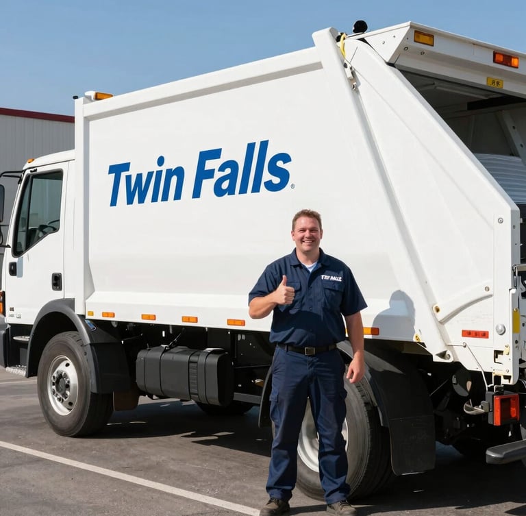 Professional crew member in uniform smiling and giving a thumbs up next to a clean, branded junk removal truck, crisp daylight, medium action shot, Twin Falls, Idaho