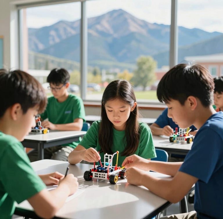 A bright Colorado classroom with students collaborating over a small robotics kit, natural daylight streaming through large windows, shallow depth of field.
