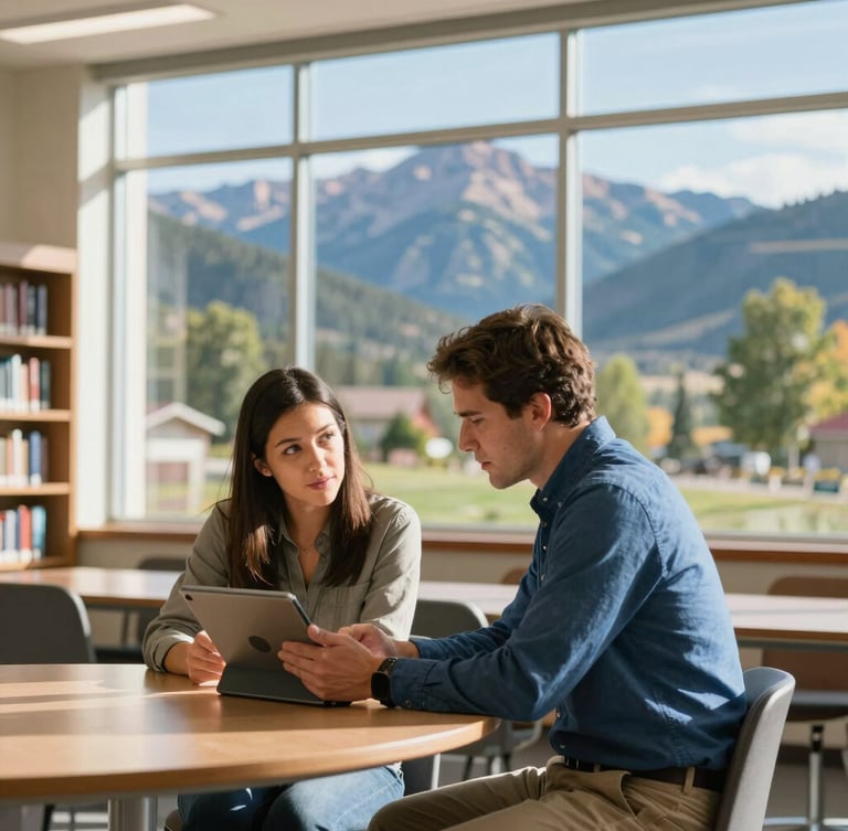 A side-profile landscape shot of an educator and coach collaborating over a tablet in a modern Colorado school library, warm natural light pouring through large windows.