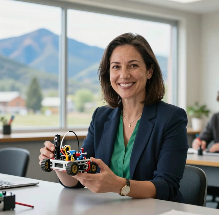 A Colorado educator smiling in a bright classroom, holding a small robotics kit, soft natural window light, professional editorial style