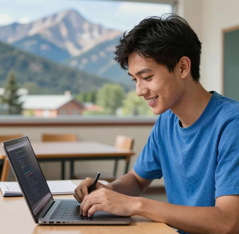 A close-up vertical portrait of a student in Colorado smiling as they write code on a laptop, bright natural daylight illuminating the workspace, soft classroom background.