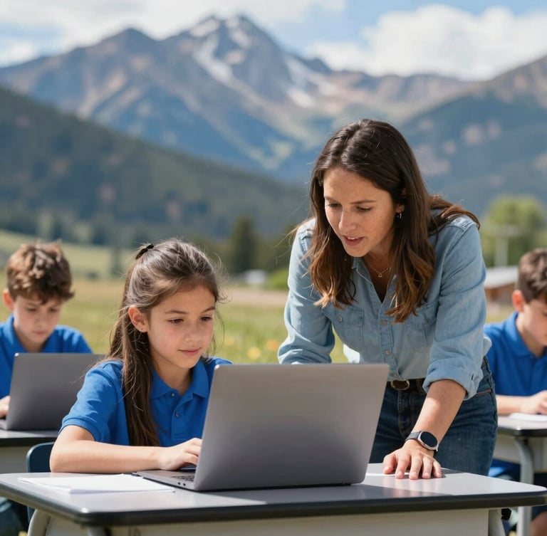 An authentic Colorado classroom with an educator guiding a student on a laptop, bright natural daylight, shallow depth of field, mountain blue accents