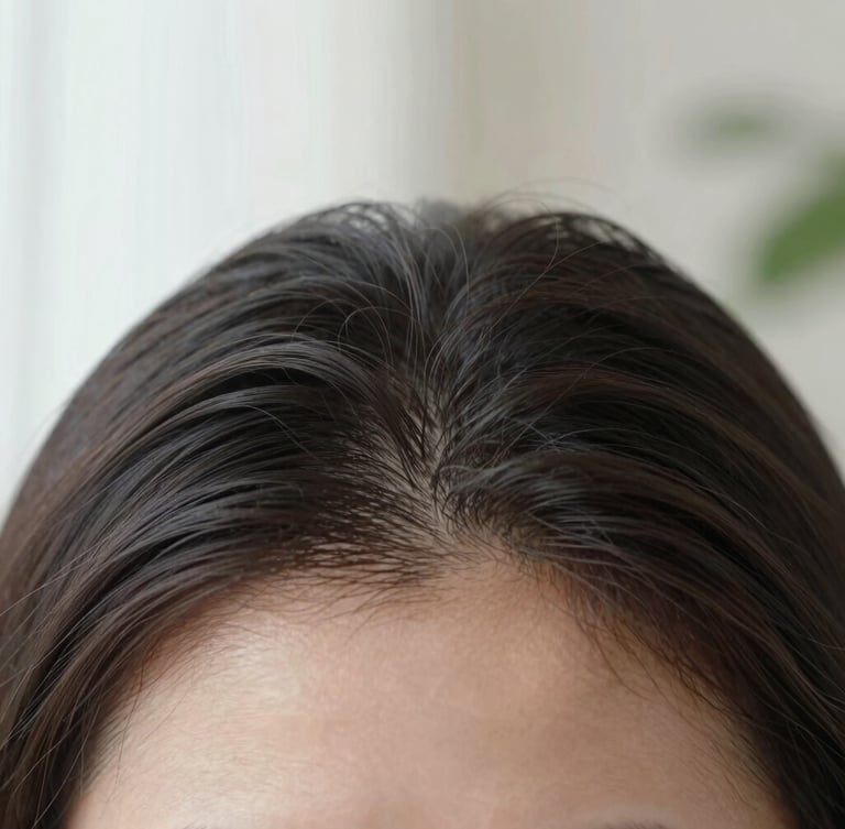 Macro close-up of healthy scalp parted hair, clean texture, soft diffused natural light, 35mm.