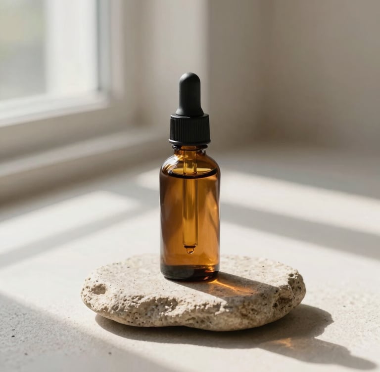 An amber glass dropper bottle of hair oil resting on a smooth sand-colored stone, soft natural window light casting gentle shadows, minimalist clinical aesthetic, 35mm