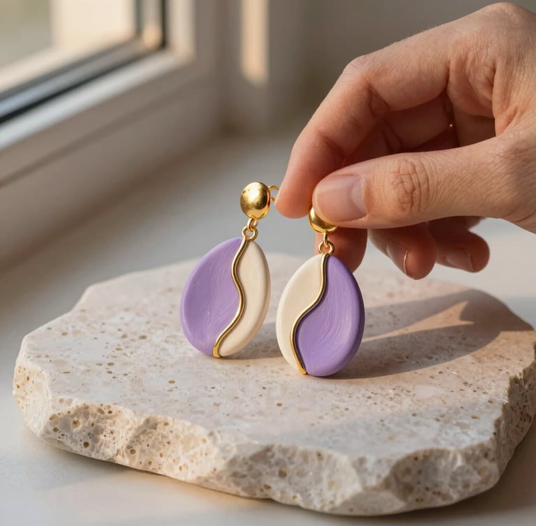 Hands holding finished pastel lavender and cream polymer clay earrings with organic gold accents, resting on raw white travertine stone under soft twilight shadows.