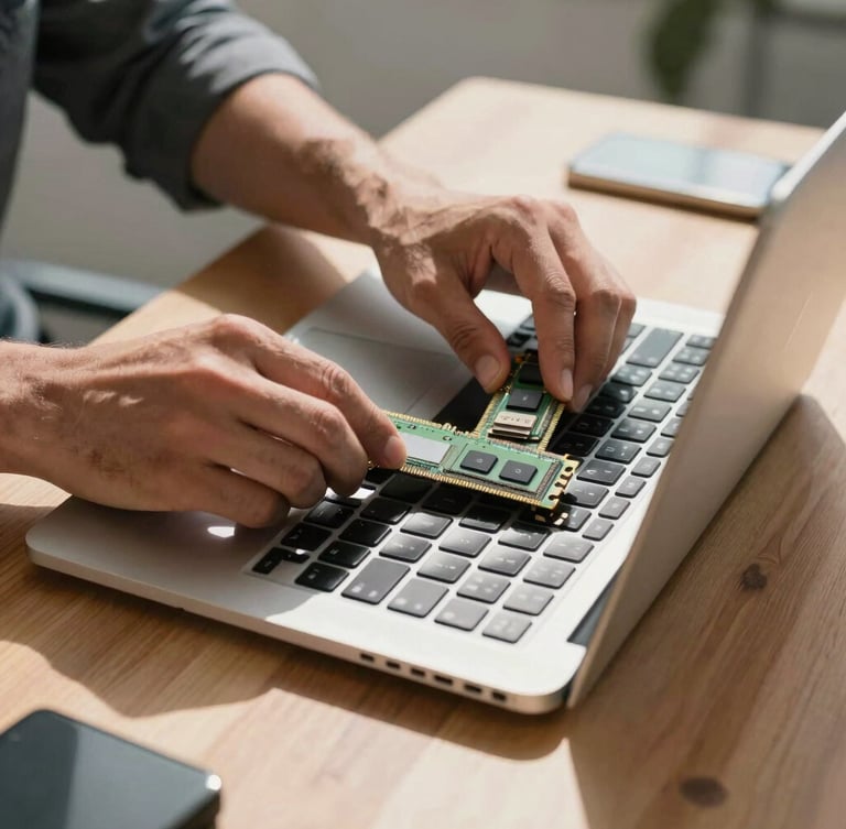 A close-up of a technician's hands upgrading RAM inside a modern business laptop on a clean wooden desk, bright natural Southern California sunlight streaming in.