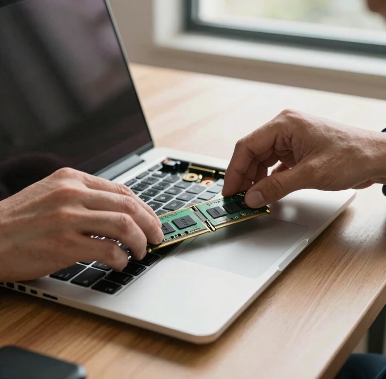 A close-up photograph of a technician's hands upgrading RAM inside a laptop on a clean wooden desk, bright natural Southern California daylight streaming from a nearby window, sharp focus on the hardware.