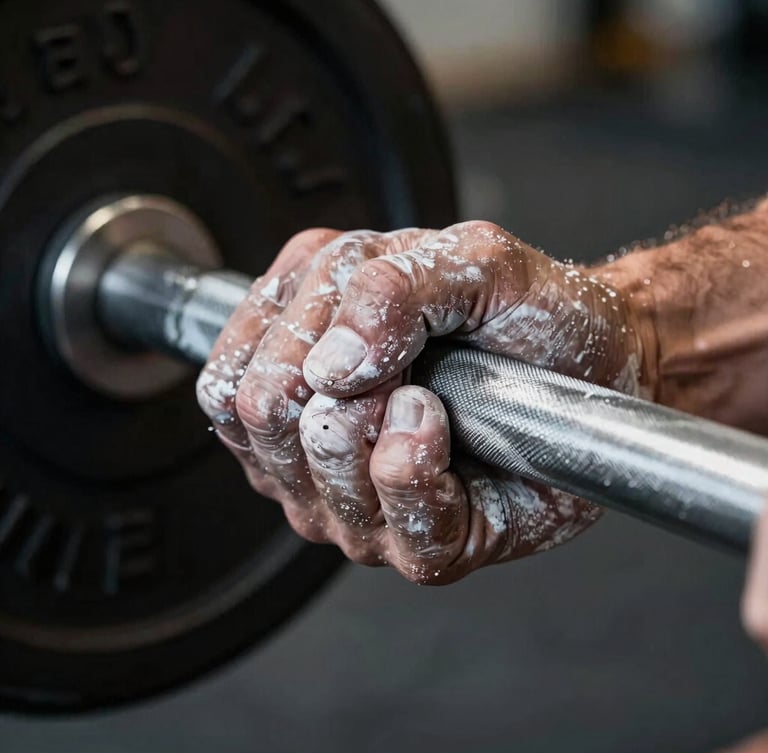 Extreme macro shot of chalk-covered hands gripping a heavily knurled barbell, stark side-lighting defining the tension and texture.