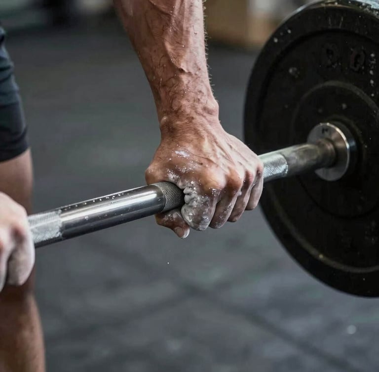 Extreme close-up of chalk-covered hands gripping a heavy raw steel barbell, high contrast, dramatic side-lighting, dark concrete background