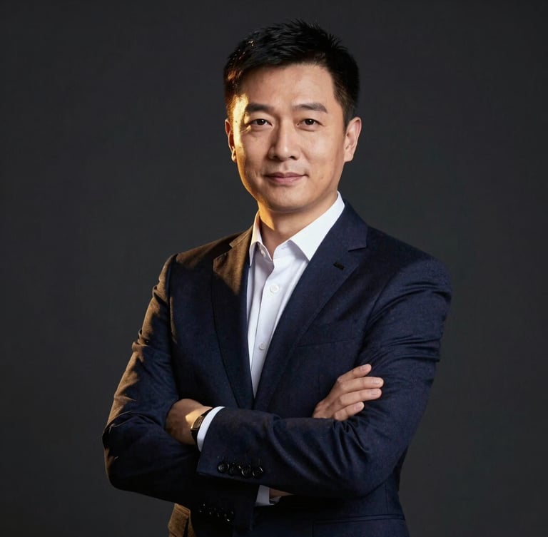 Professional studio portrait of executive economist Ren Zeping in dark navy suit, confident posture, warm gold accent lighting, deep dark background, sharp focus, 85mm lens