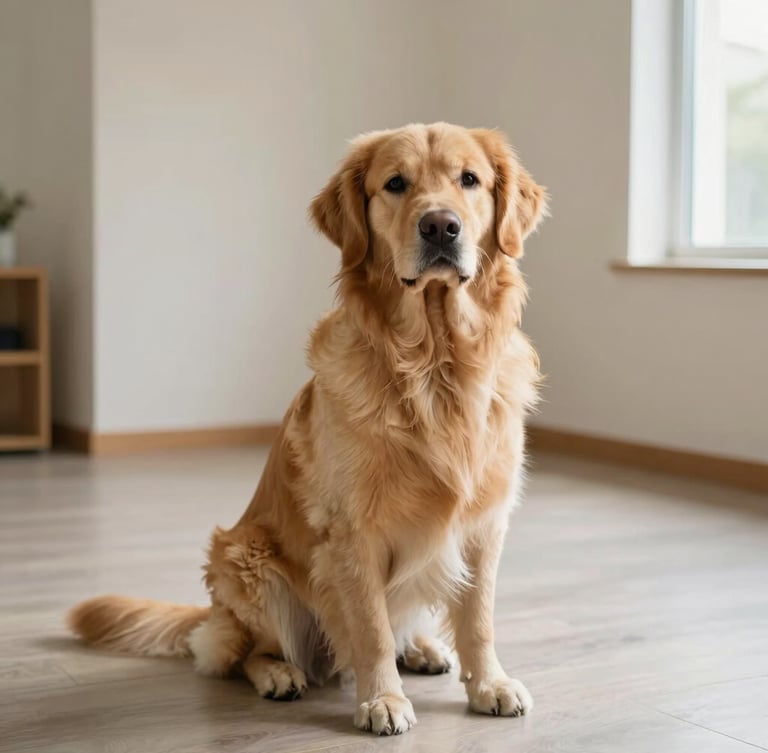 A calm golden retriever sitting peacefully inside a spacious, clean indoor suite with natural light, 35mm lens, warm editorial photography.