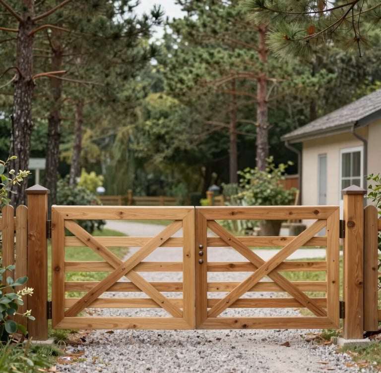 A clean wooden gate and gravel pathway leading into a quiet rural facility, surrounded by tall pine trees under soft diffused daylight