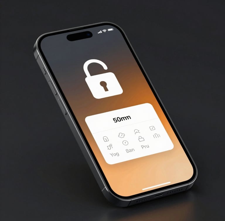 Sleek modern smartphone displaying a secure lock screen with a prominent padlock icon and clean collection notice, sharp studio lighting with subtle electric amber backlighting, deep charcoal background, 50mm