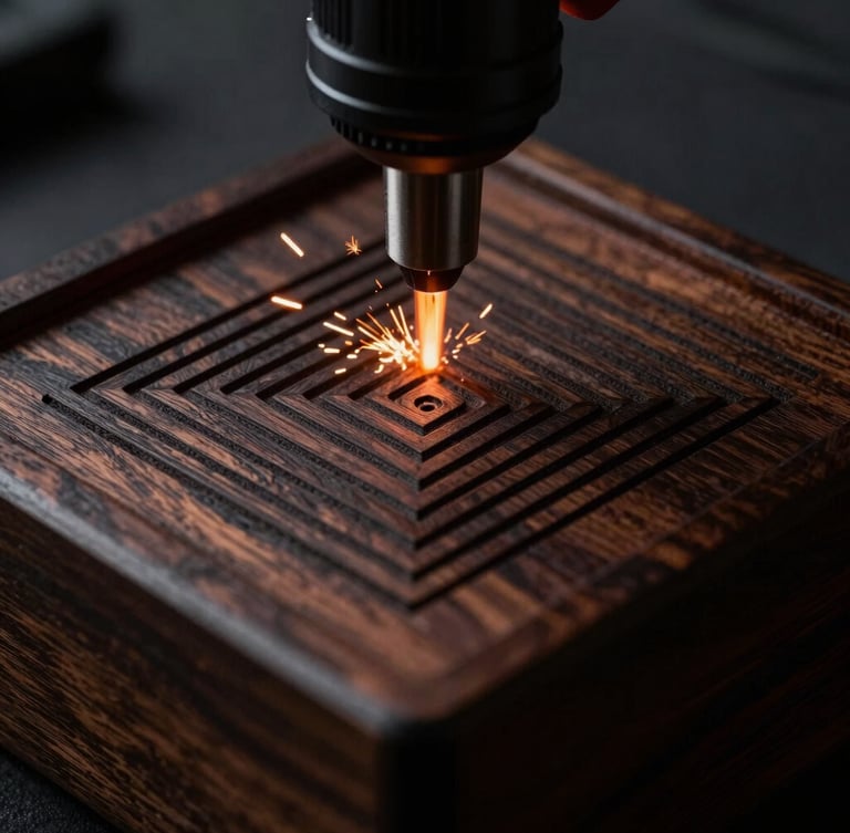 Extreme macro shot of a laser engraving tool etching clean geometric lines into a dark wooden box, high contrast, orange sparks flying, moody lighting