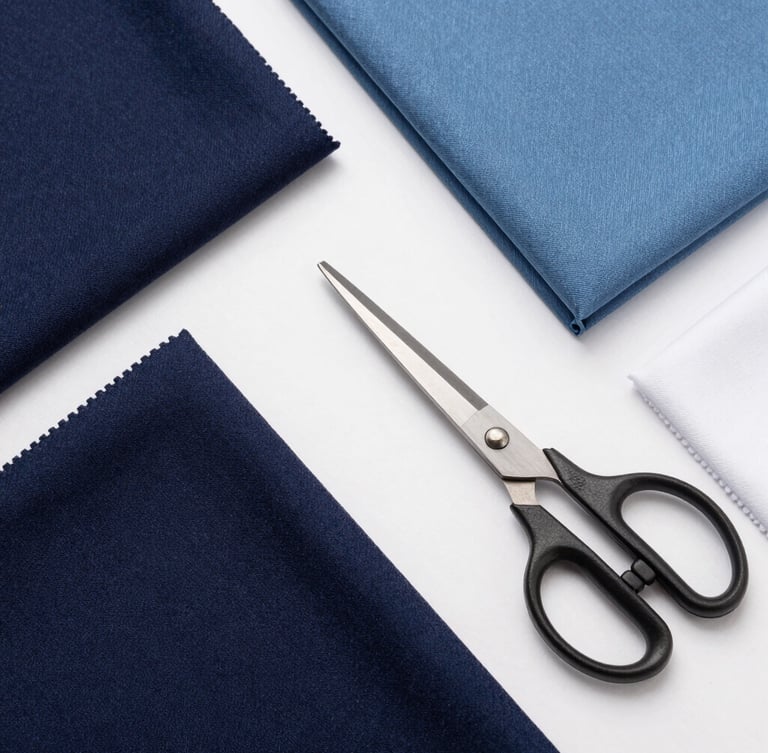 Crisp studio product photography, bright neutral lighting, flat-lay of premium fabric swatches in navy, steel blue, and white, neatly arranged with tailoring scissors, sharp focus