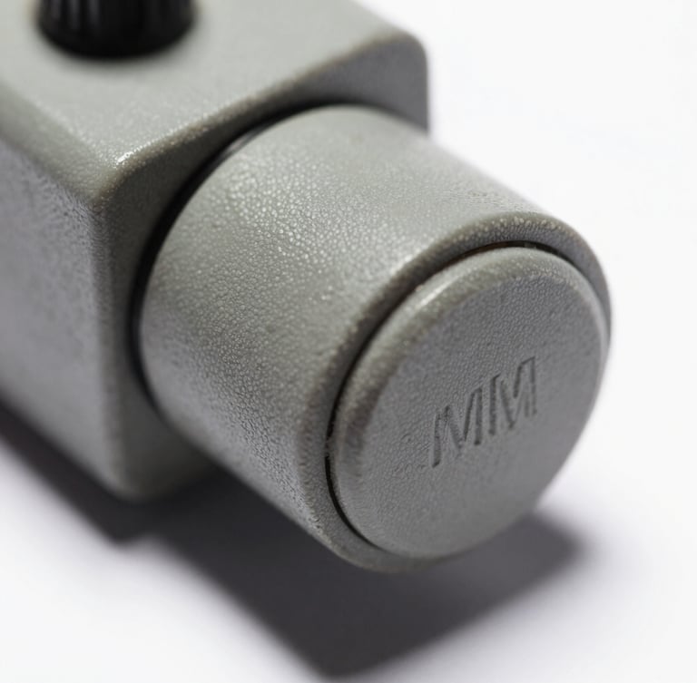 Macro extreme close-up of a physical gray industrial microswitch button, harsh direct office lighting, sharp shadows, technical orthographic view, desaturated industrial tones, 35mm
