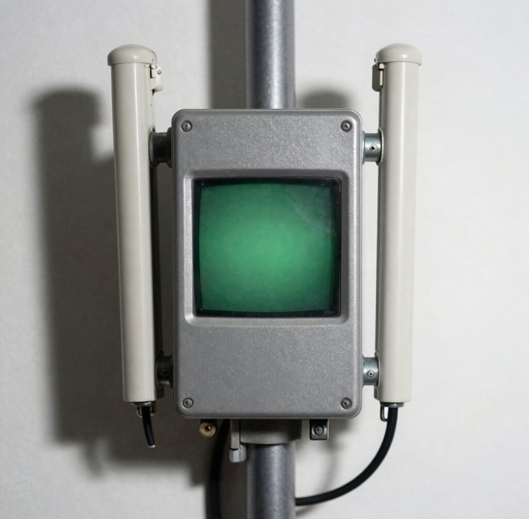 Straight-on technical macro photograph of a physical gray metal telecommunication terminal with a small glowing monochrome green screen, harsh direct office lighting, sharp cast shadows, 35mm.