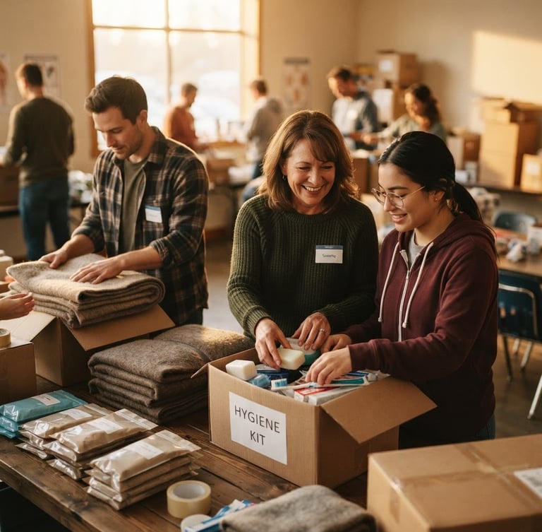 Volunteers packing hygiene kits and warm blankets in a community center, warm natural light, intimate 35mm film aesthetic