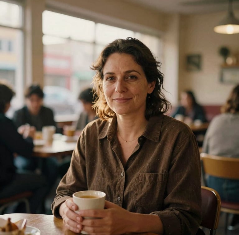 Portrait of Maria, a woman in her 40s, sitting comfortably in a warm, well-lit community center, holding a warm cup. Natural golden-hour light, rich muted earth tones, intimate 35mm film aesthetic, shallow depth of field, respectful portrait, gentle smile, urban backdrop blurred.